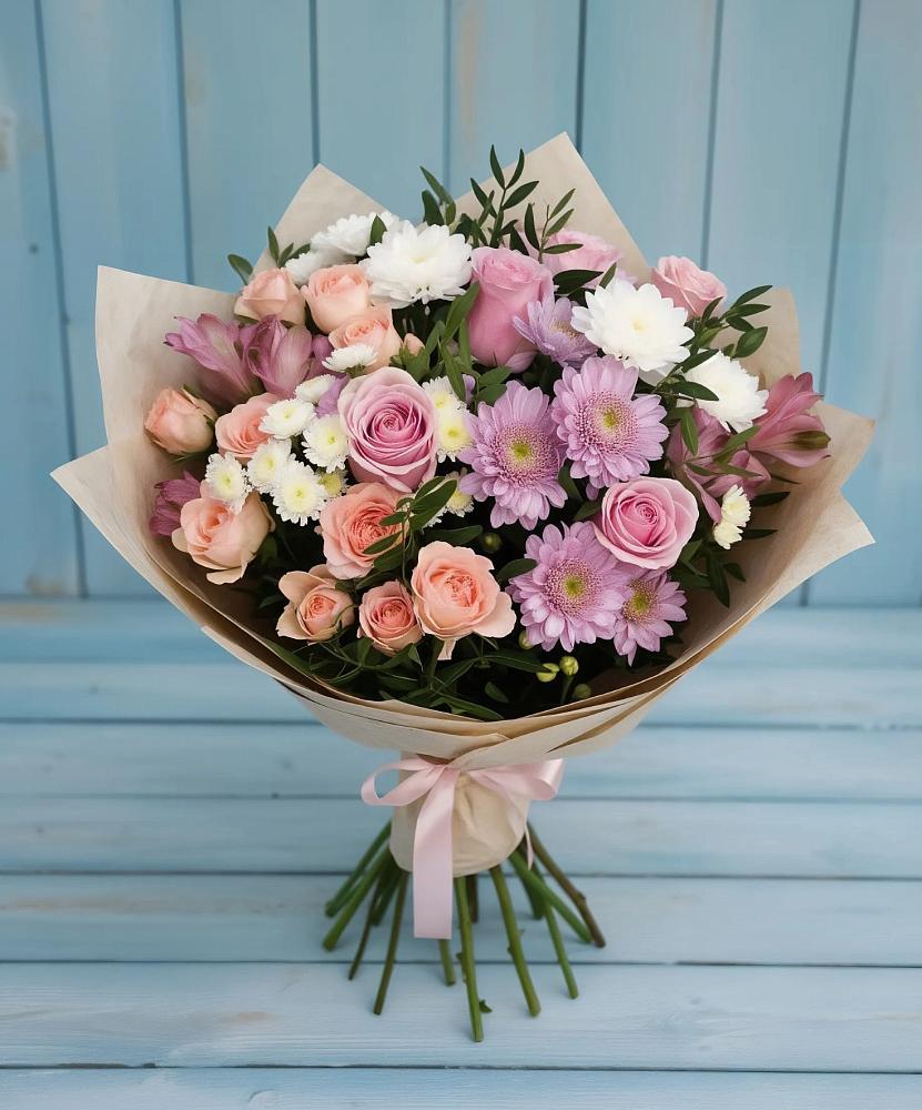 Букет цветов из: Хризантемы, Розы и Альстромерии в Воздвиженке Приморский край