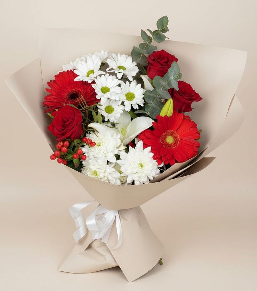 Букет цветов из: Розы, Хризантемы, Герберы и Лилии в Воздвиженке Приморский край