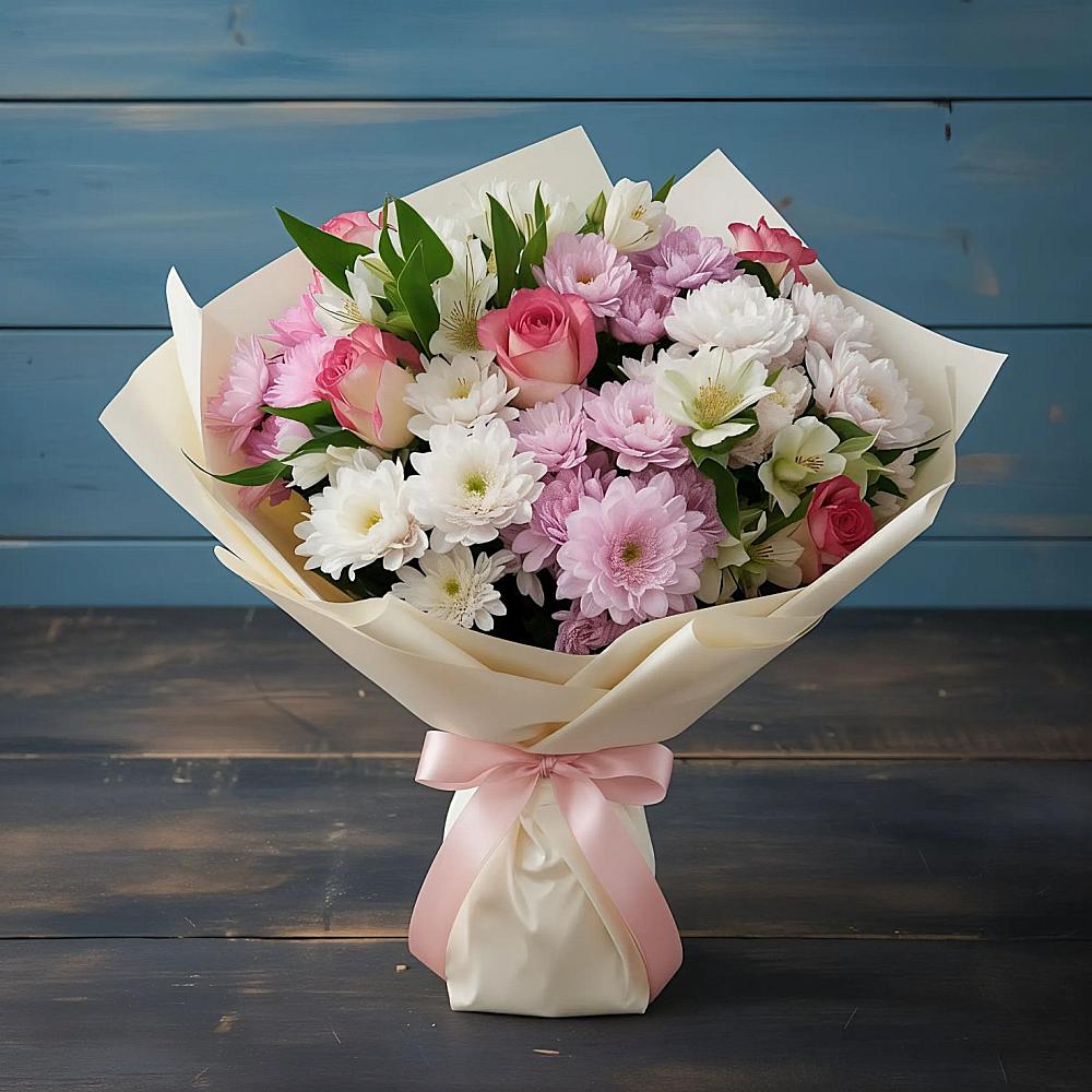 Букет цветов из: Хризантемы, Альстромерии и Розы в Воздвиженке Приморский край